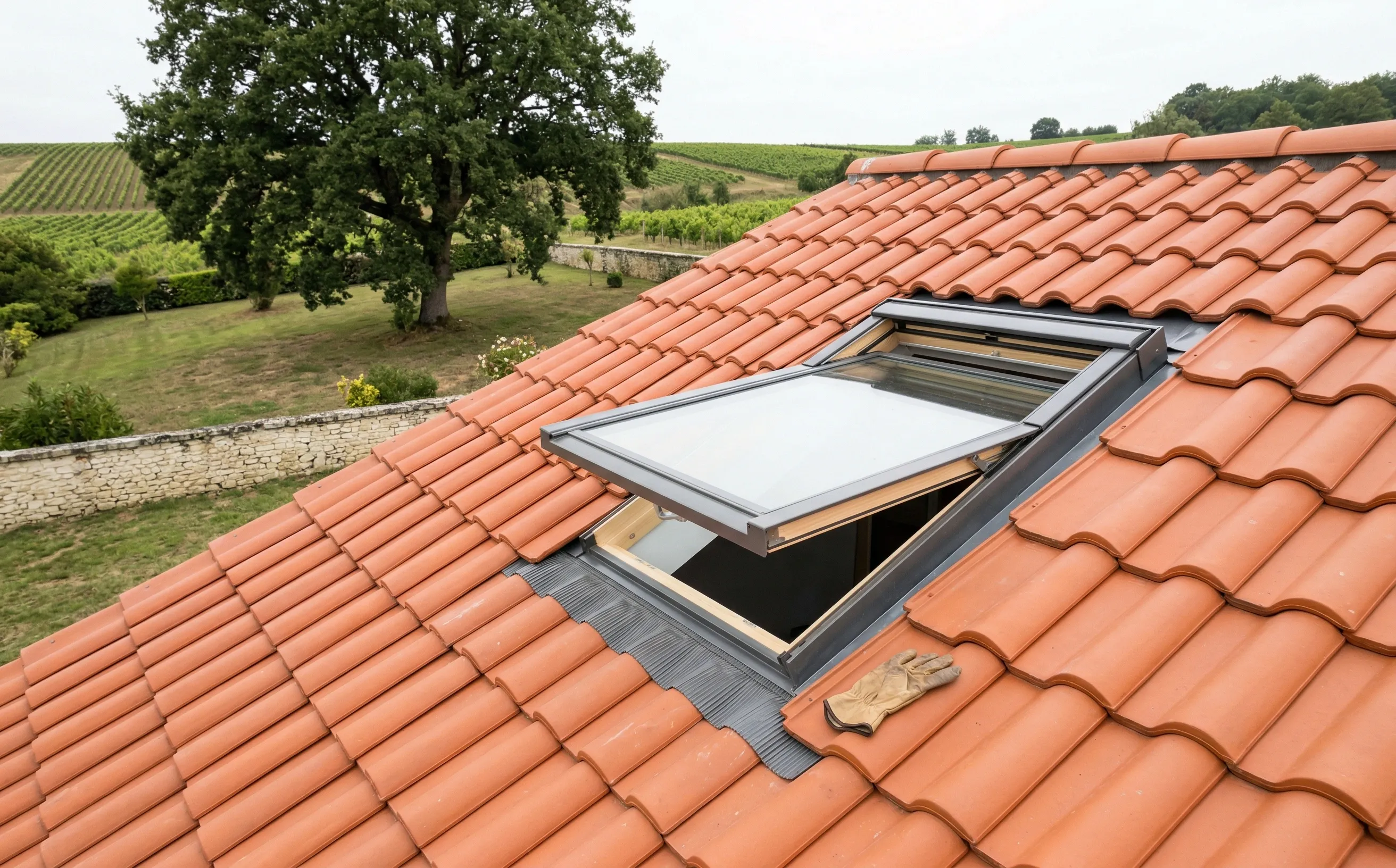 Velux posé sur une toiture en tuiles avec raccord zinc à Yvrac